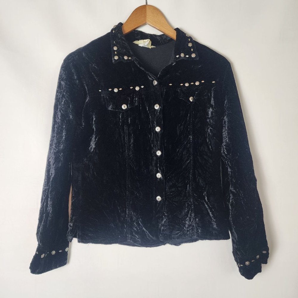 Black Crushed Velvet Kendall Creek Button Up Stud Western Blouse Shirt Medium